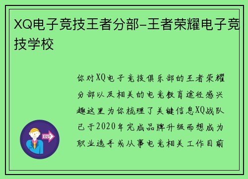 XQ电子竞技王者分部-王者荣耀电子竞技学校